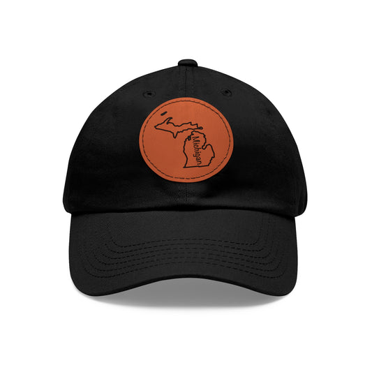 Michigan Dad Hat with Round Leather Patch - Classic State Outline Design - Show Your Michigan Pride!