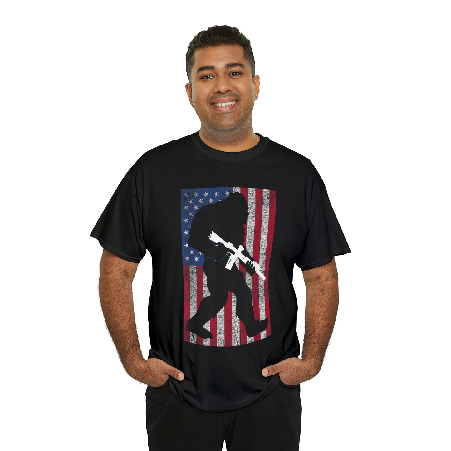 Armed Bigfoot American Flag Patriotic T-Shirt