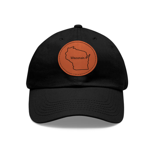 Wisconsin Dad Hat with Round Leather Patch - Classic State Outline Design - Show Your Wisconsin Pride!