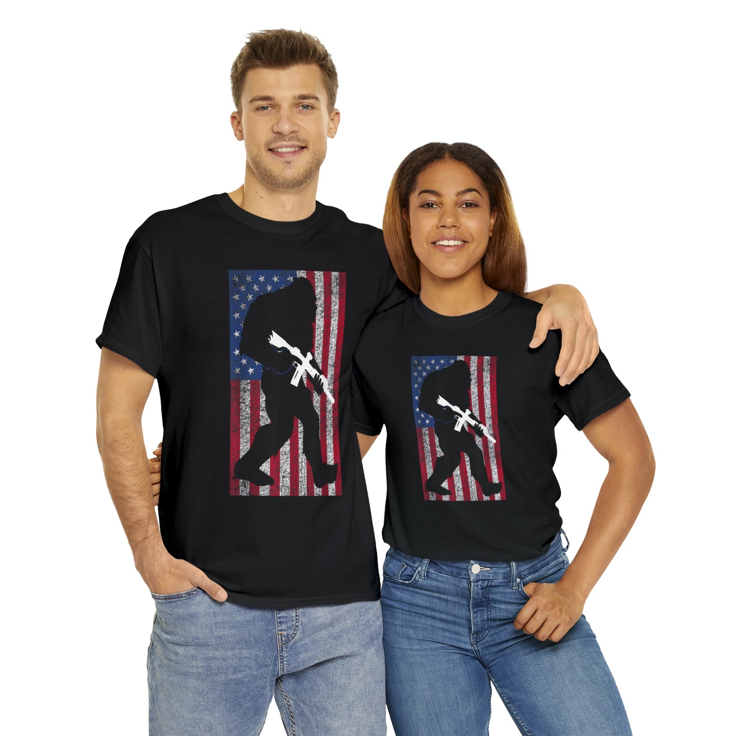 Armed Bigfoot American Flag Patriotic T-Shirt