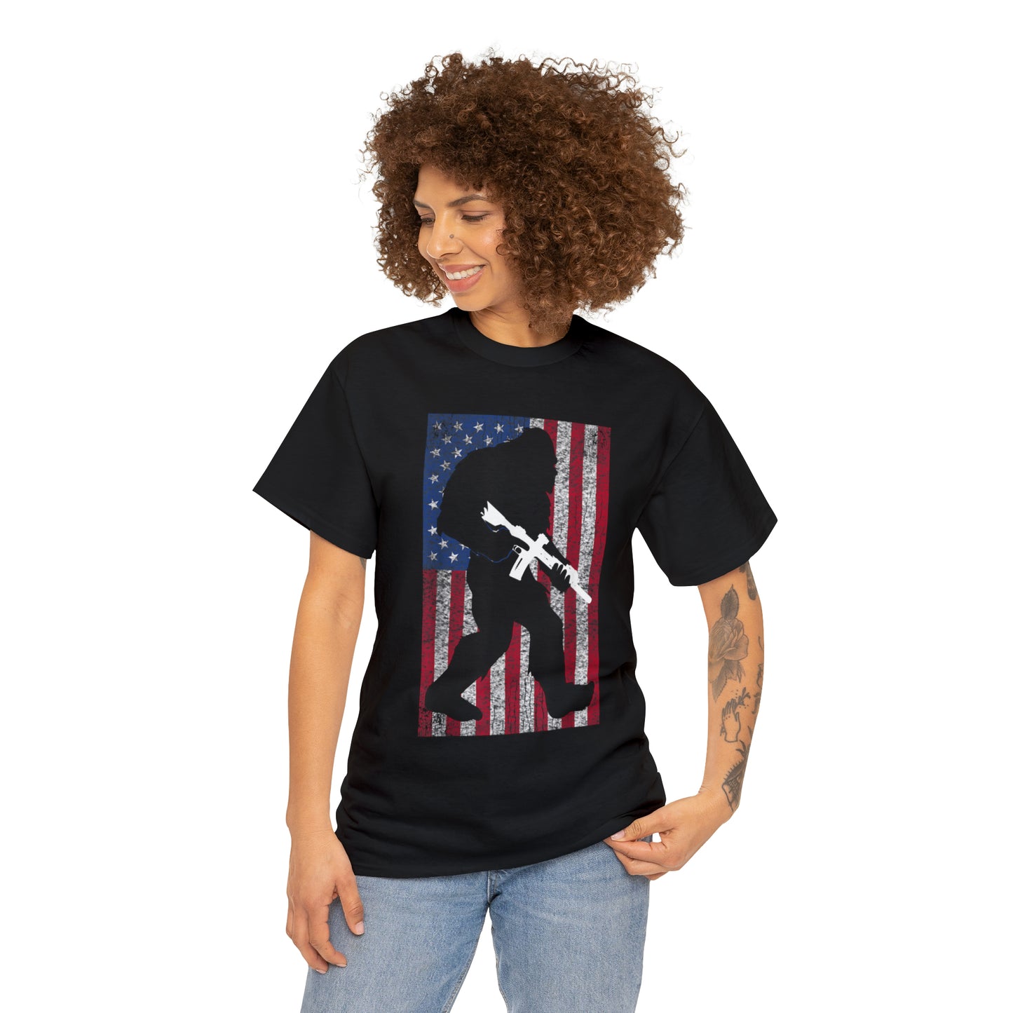 Armed Bigfoot American Flag Patriotic T-Shirt