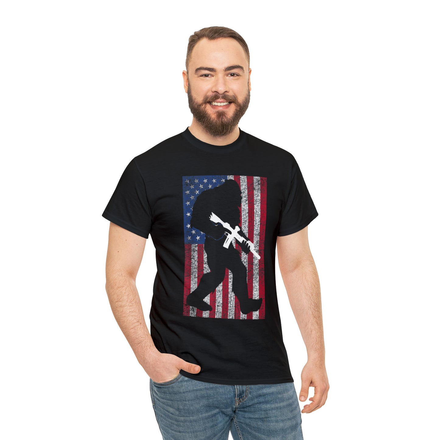 Armed Bigfoot American Flag Patriotic T-Shirt