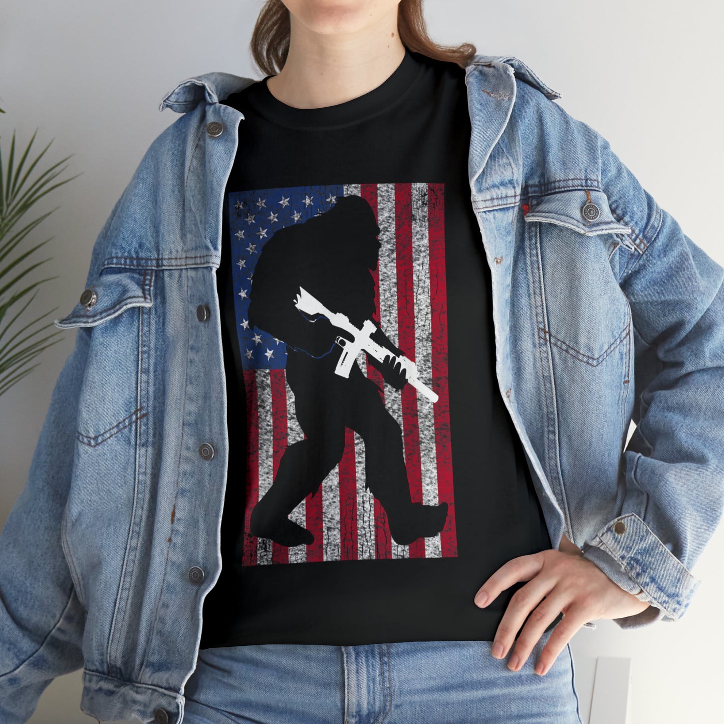 Armed Bigfoot American Flag Patriotic T-Shirt