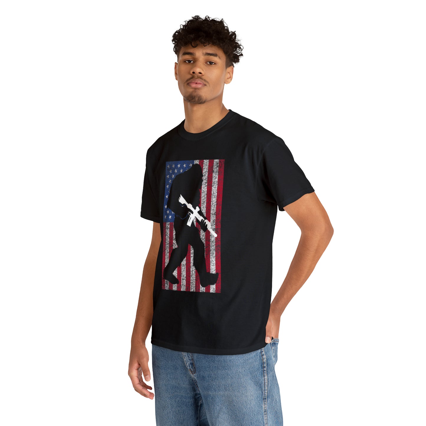 Armed Bigfoot American Flag Patriotic T-Shirt