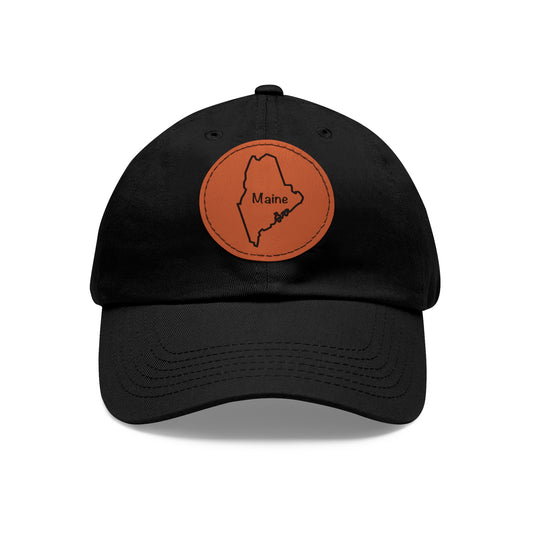 Maine Dad Hat with Round Leather Patch - Classic State Outline Design - Show Your Maine Pride