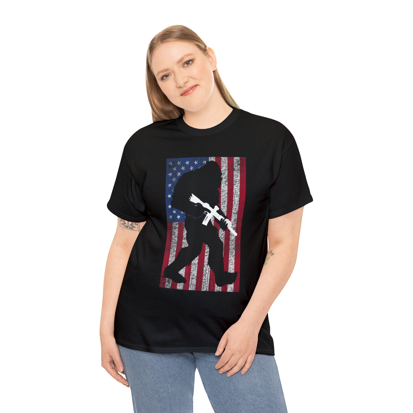 Armed Bigfoot American Flag Patriotic T-Shirt