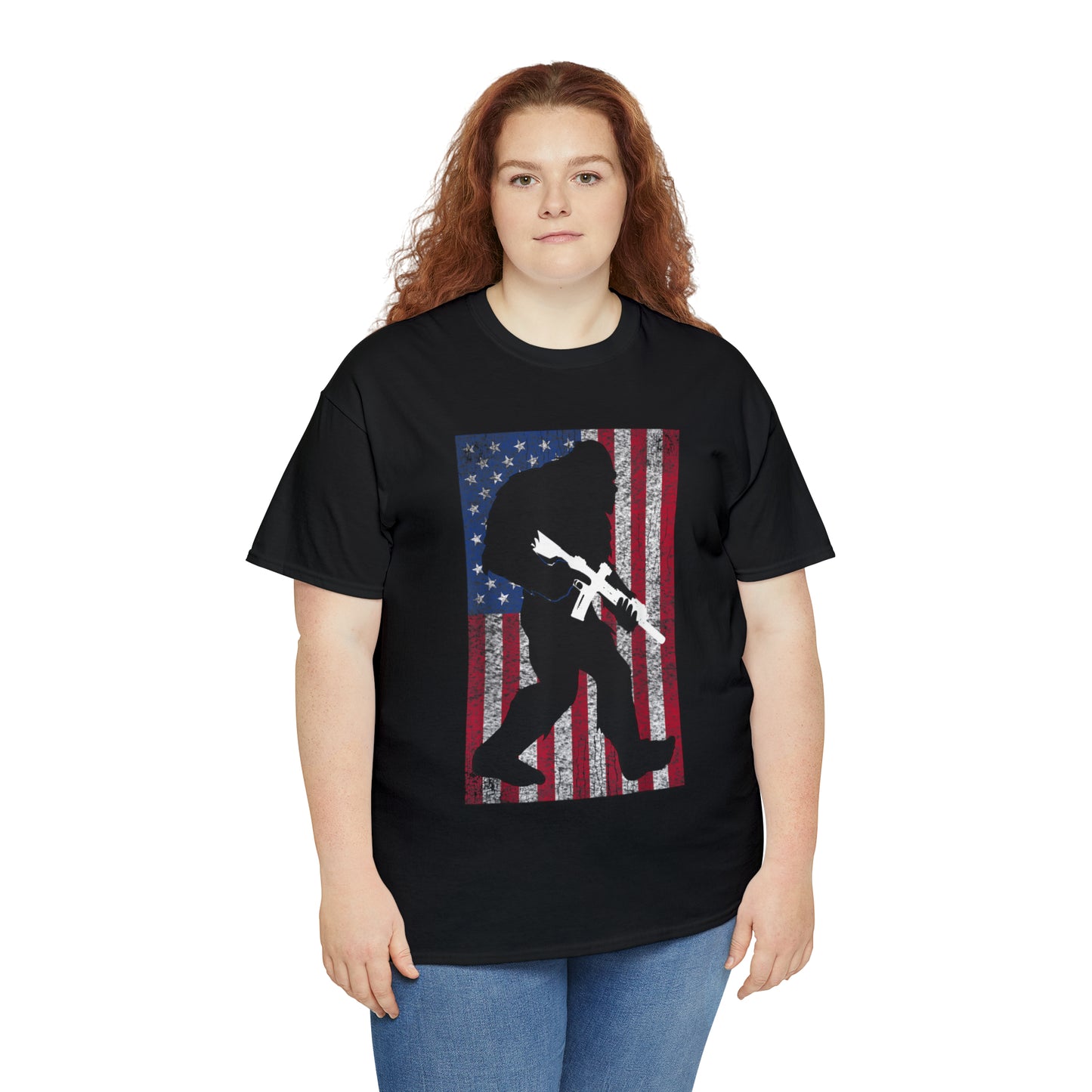 Armed Bigfoot American Flag Patriotic T-Shirt